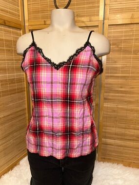 Victoria’s Secret red pink plaid cami tank plain lace trim vintage Y2K XS